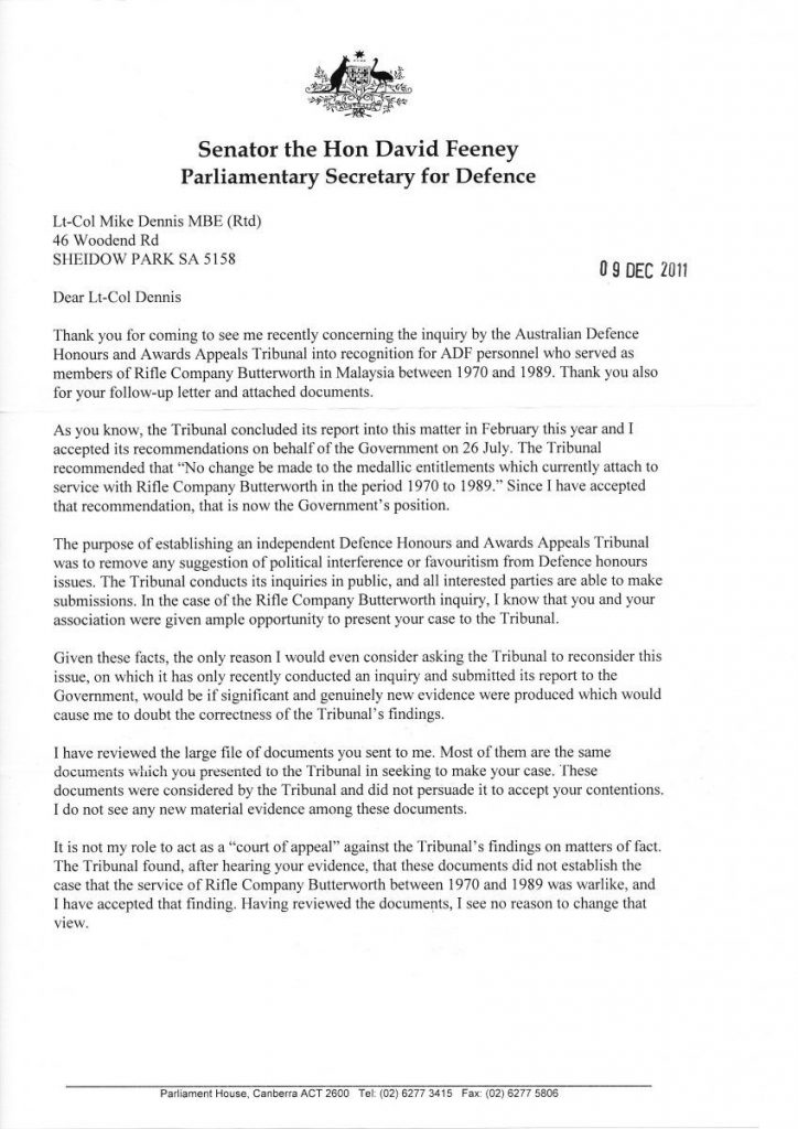 Letter following visit to Senator Seeney